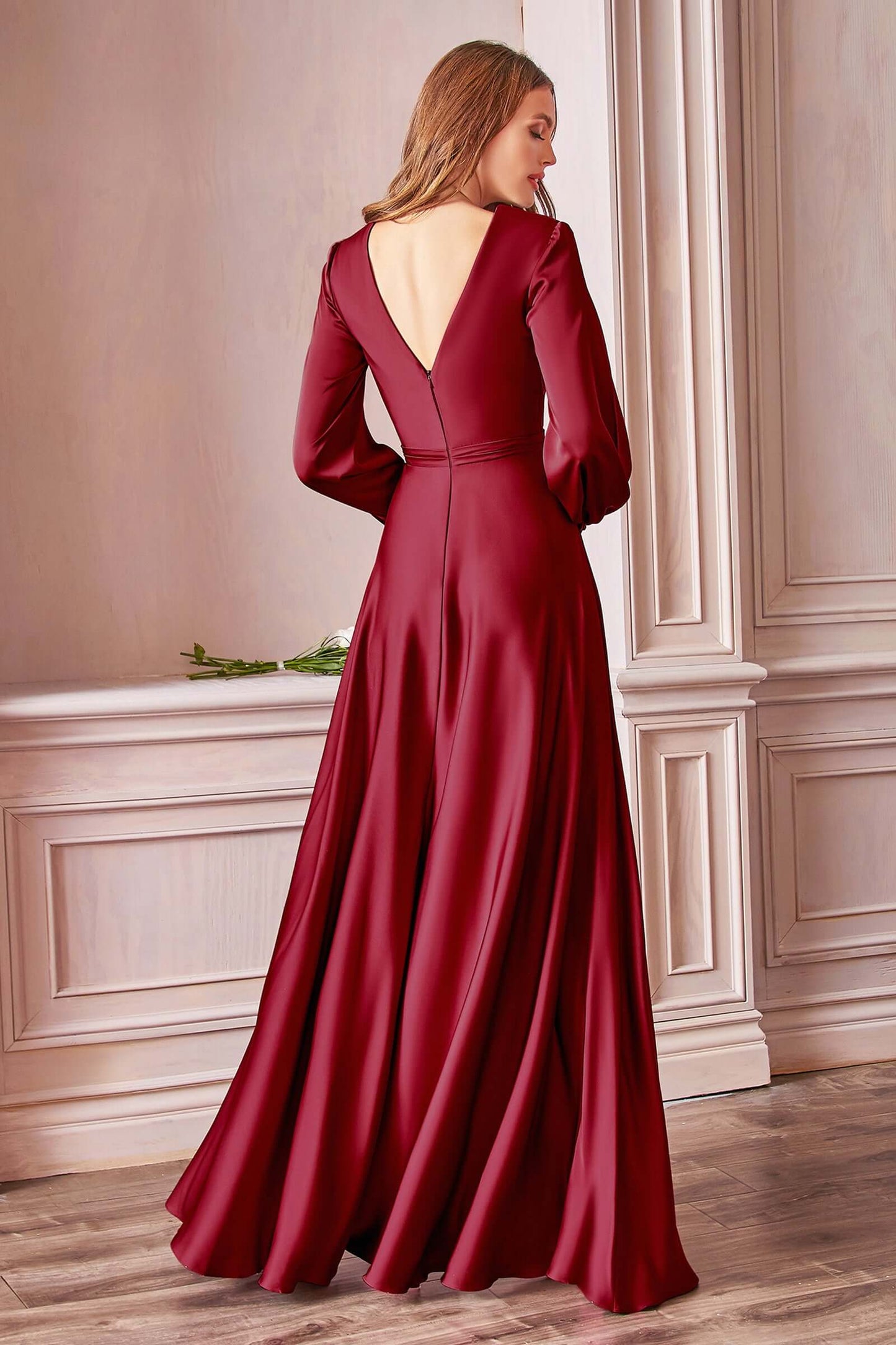 Cinderella Divine Style#7475, Long Sleeve Satin A-Line Dress, CD#1,Floor Length,long sleeve,Open Back,Slit, $265.00