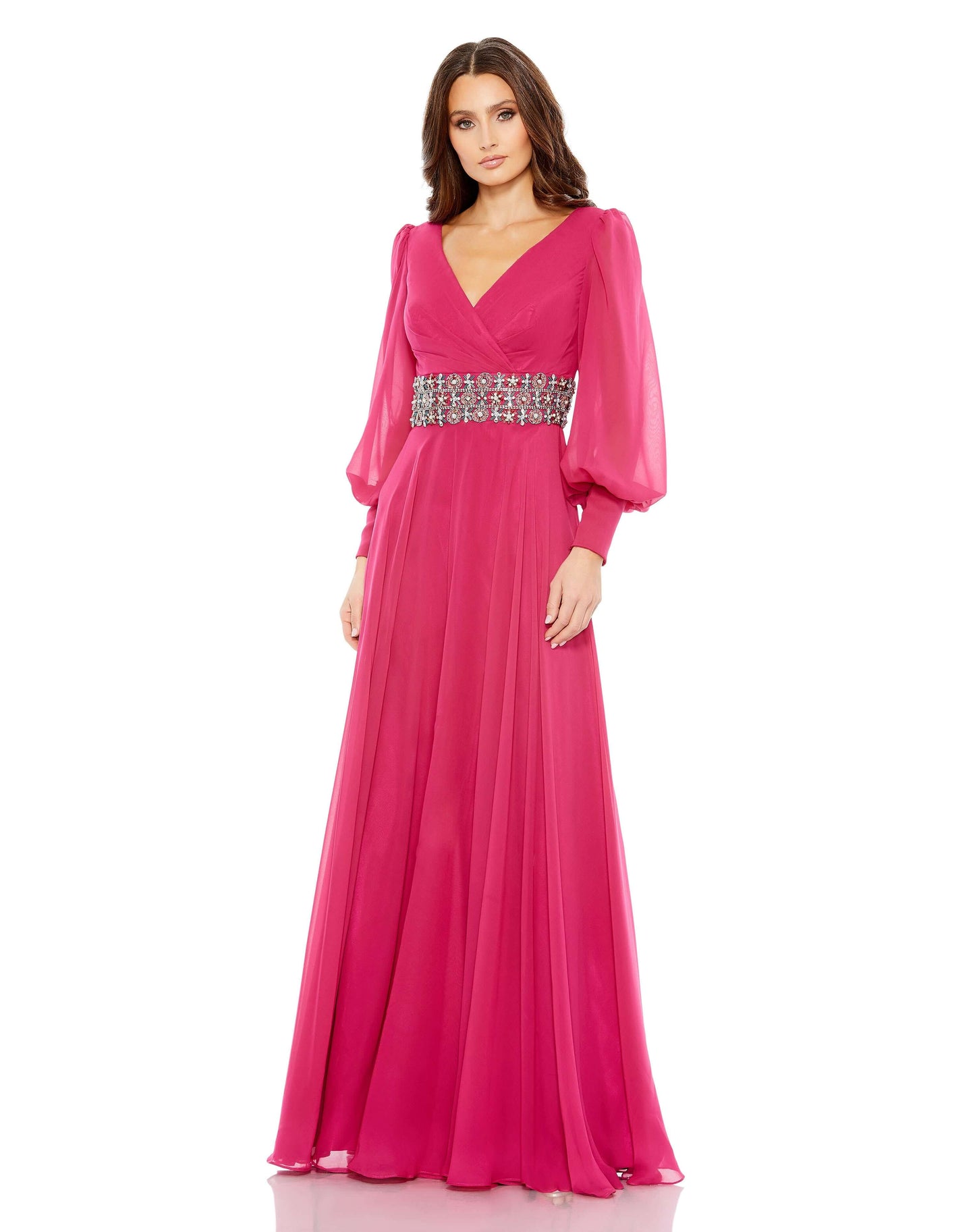 Mac Duggal Style#79390, Bishop Sleeve Wrap Over Belt Detail Flowy Gown, A line,Floor Length,long sleeve,V-Neck, $1275.00