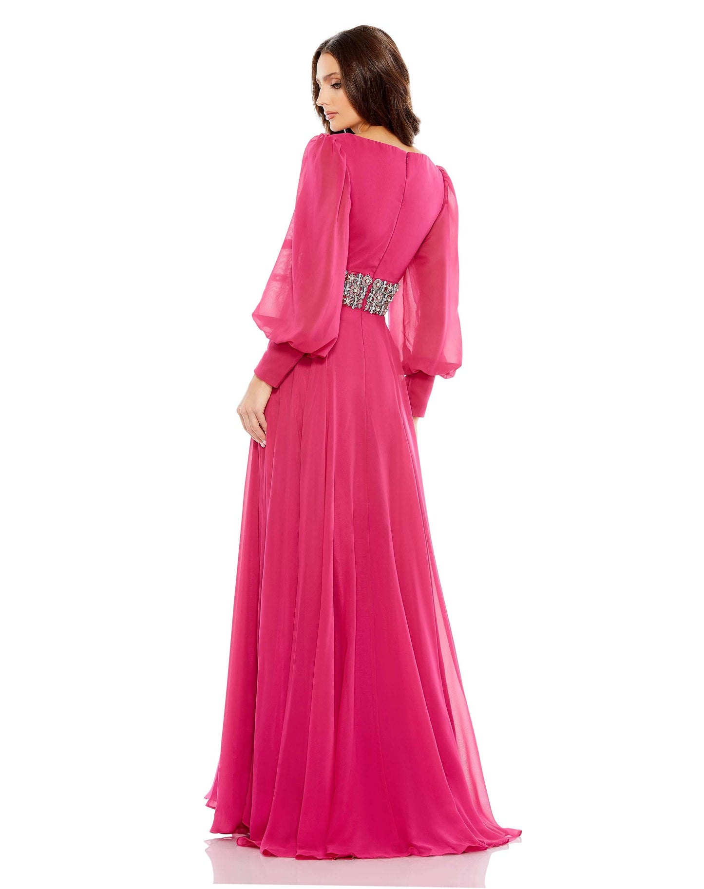 Mac Duggal Style#79390, Bishop Sleeve Wrap Over Belt Detail Flowy Gown, A line,Floor Length,long sleeve,V-Neck, $1275.00