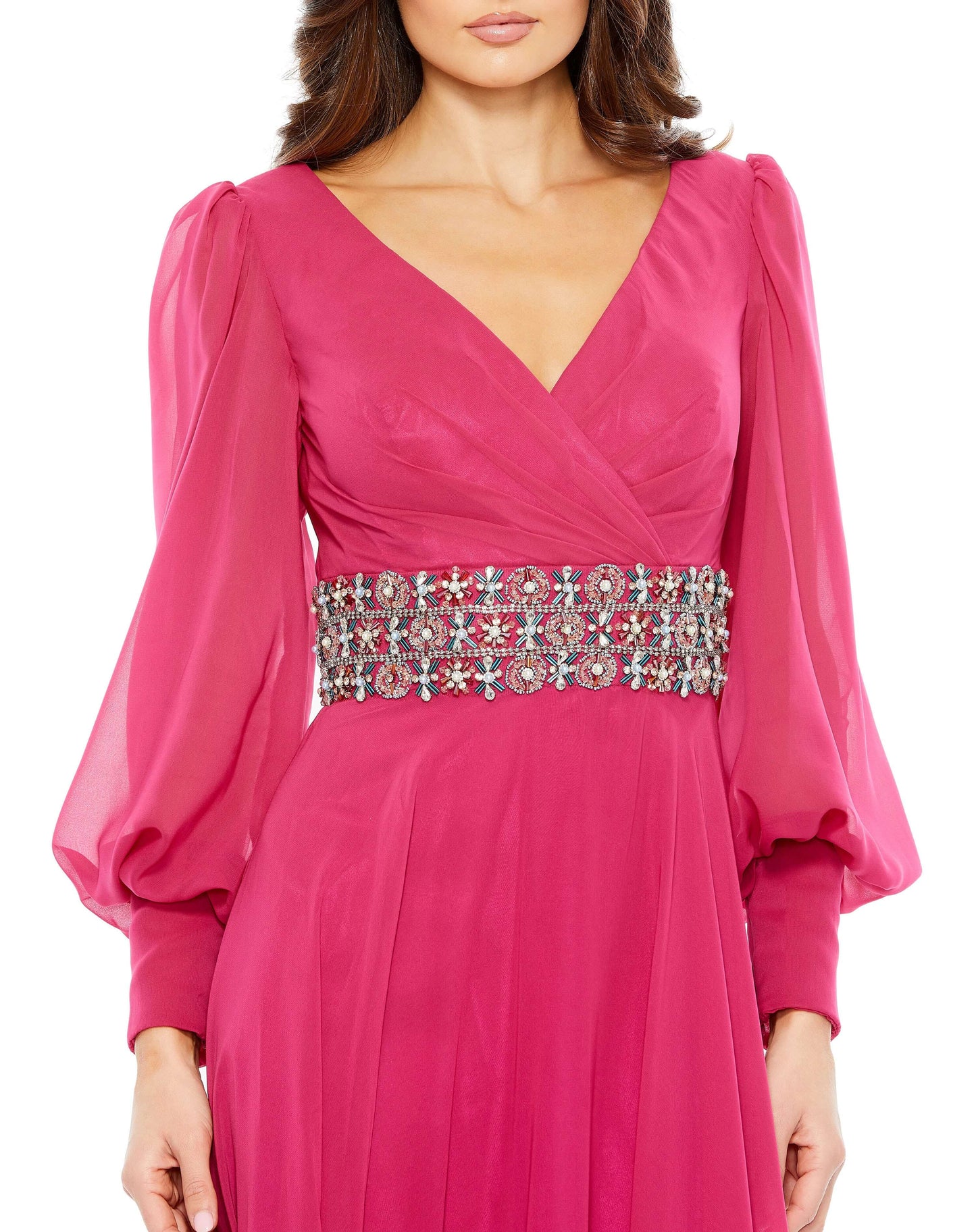 Mac Duggal Style#79390, Bishop Sleeve Wrap Over Belt Detail Flowy Gown, A line,Floor Length,long sleeve,V-Neck, $1275.00