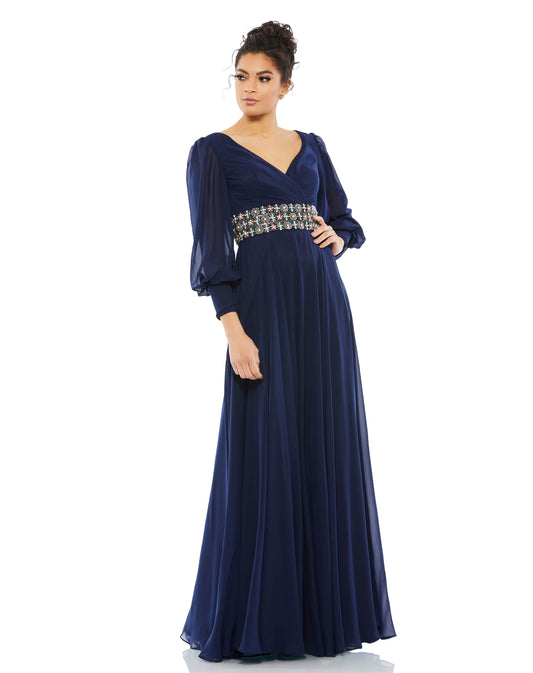 Mac Duggal Style#79390, Bishop Sleeve Wrap Over Belt Detail Flowy Gown, A line,Floor Length,long sleeve,V-Neck, $1275.00