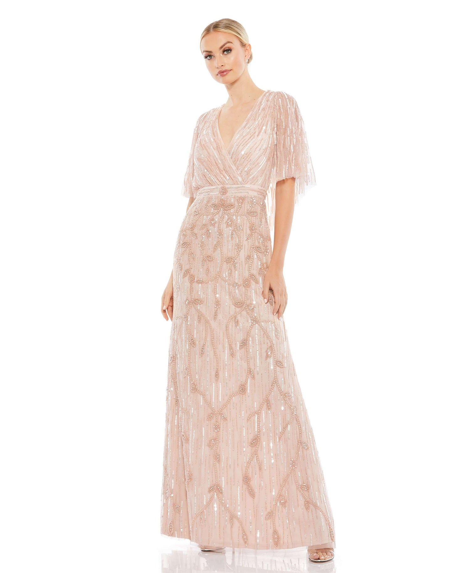 Mac Duggal Style#9064, Wrap-Front Beaded Cape Gown, Cape Sleeves,Fit and Flare,Floor Length,Sequin,Sheath,V-Neck, $950.00