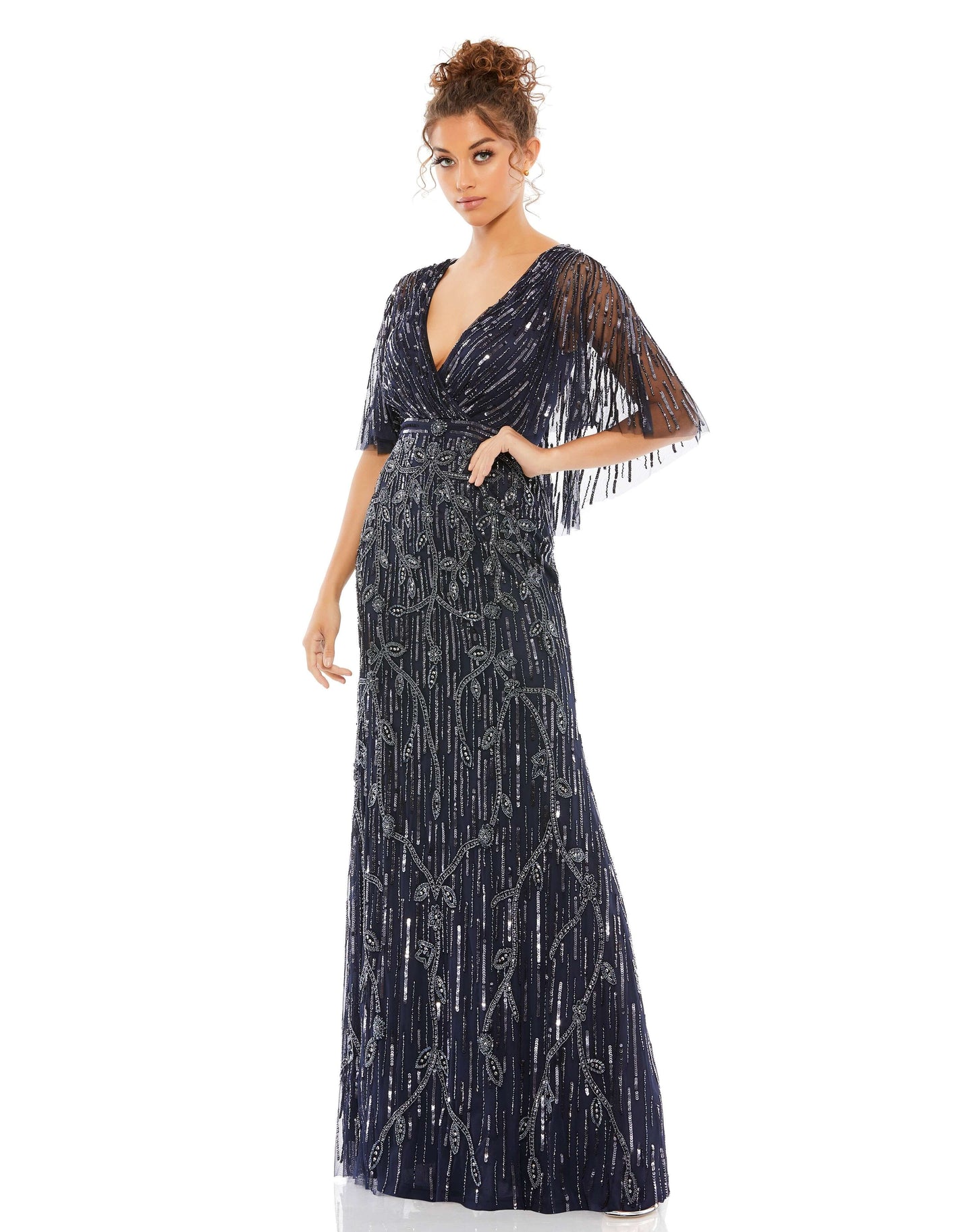Mac Duggal Style#9064, Wrap-Front Beaded Cape Gown, Cape Sleeves,Fit and Flare,Floor Length,Sequin,Sheath,V-Neck, $950.00