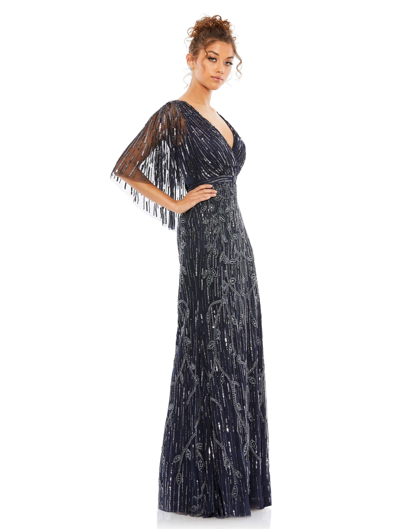 Mac Duggal Style#9064, Wrap-Front Beaded Cape Gown, Cape Sleeves,Fit and Flare,Floor Length,Sequin,Sheath,V-Neck, $950.00