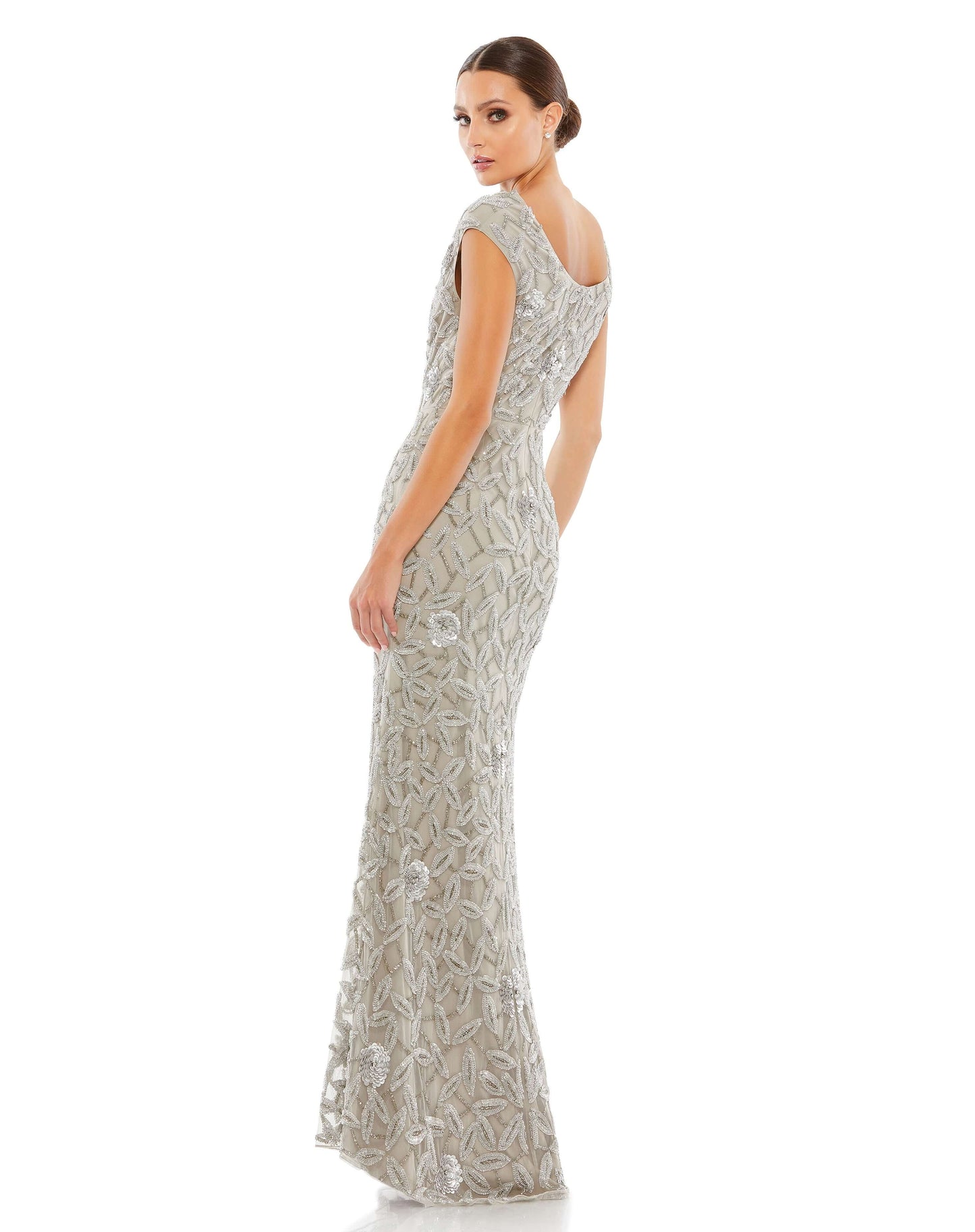 Mac Duggal Style#93537, Floral Embellished Cowl Bateau Cap Sleeve Gown, Floor Length,long sleeve,Sequin,Sheath, $850.00