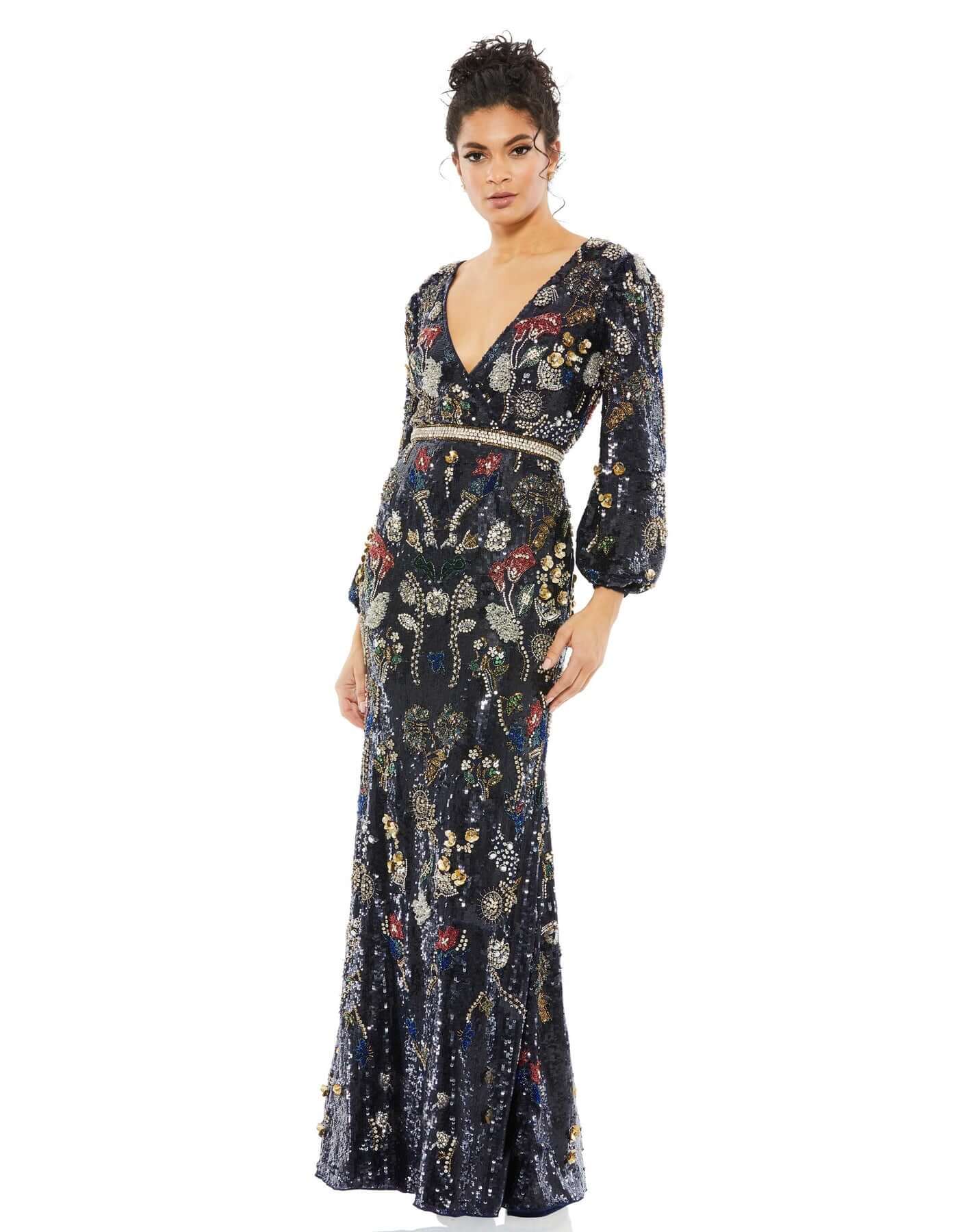 Mac Duggal Style#93546, Embellished Floral Crystal Evening Gown, Floor Length,Long Sleeve,Newest Arrivals, $2395.00