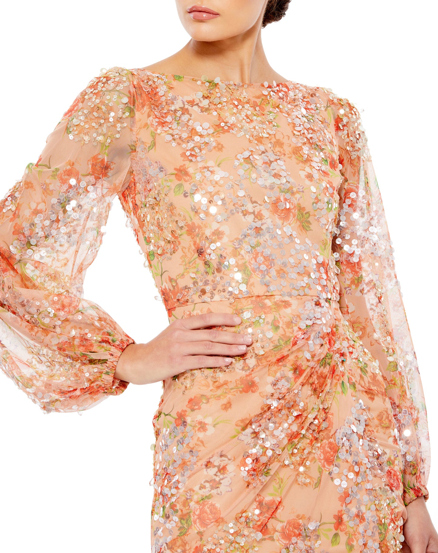 Mac Duggal Style#93547, Apricot Sequined Floral Print Gown, Floor Length,long sleeve,Sequin,Sheath,Slit, $850.00
