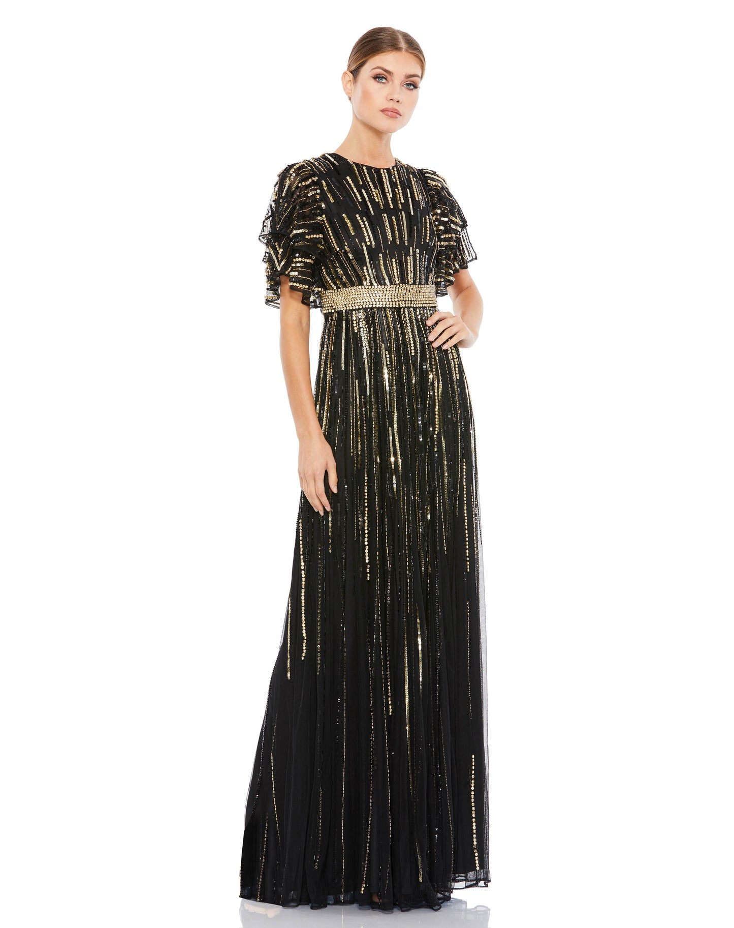 Mac Duggal Style#93582, Embellished Full Length Layered Sleeve Gown, A line,Floor Length,SALE,Sequin,Short Sleeve, $650.00