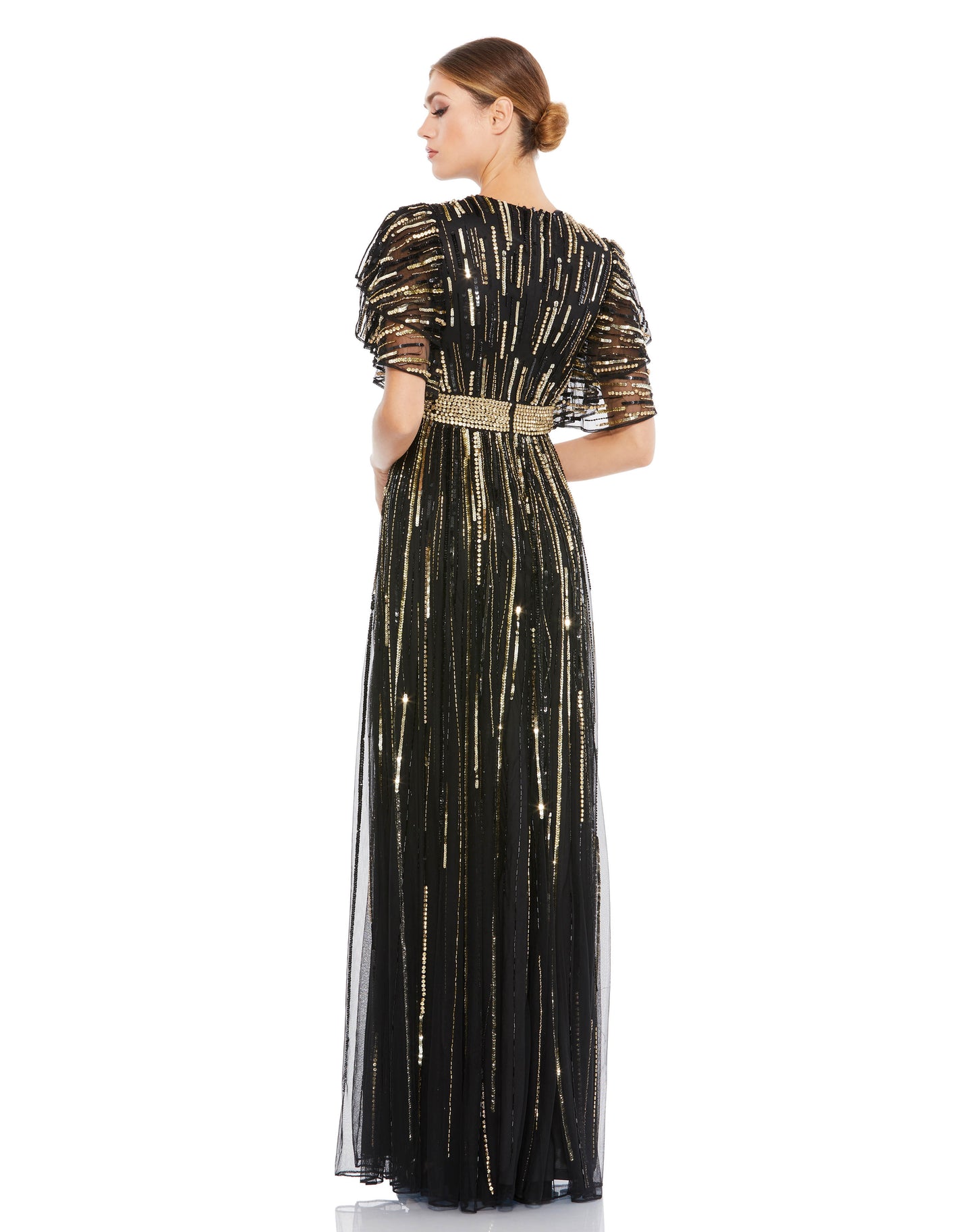 Mac Duggal Style#93582, Embellished Full Length Layered Sleeve Gown, A line,Floor Length,SALE,Sequin,Short Sleeve, $650.00
