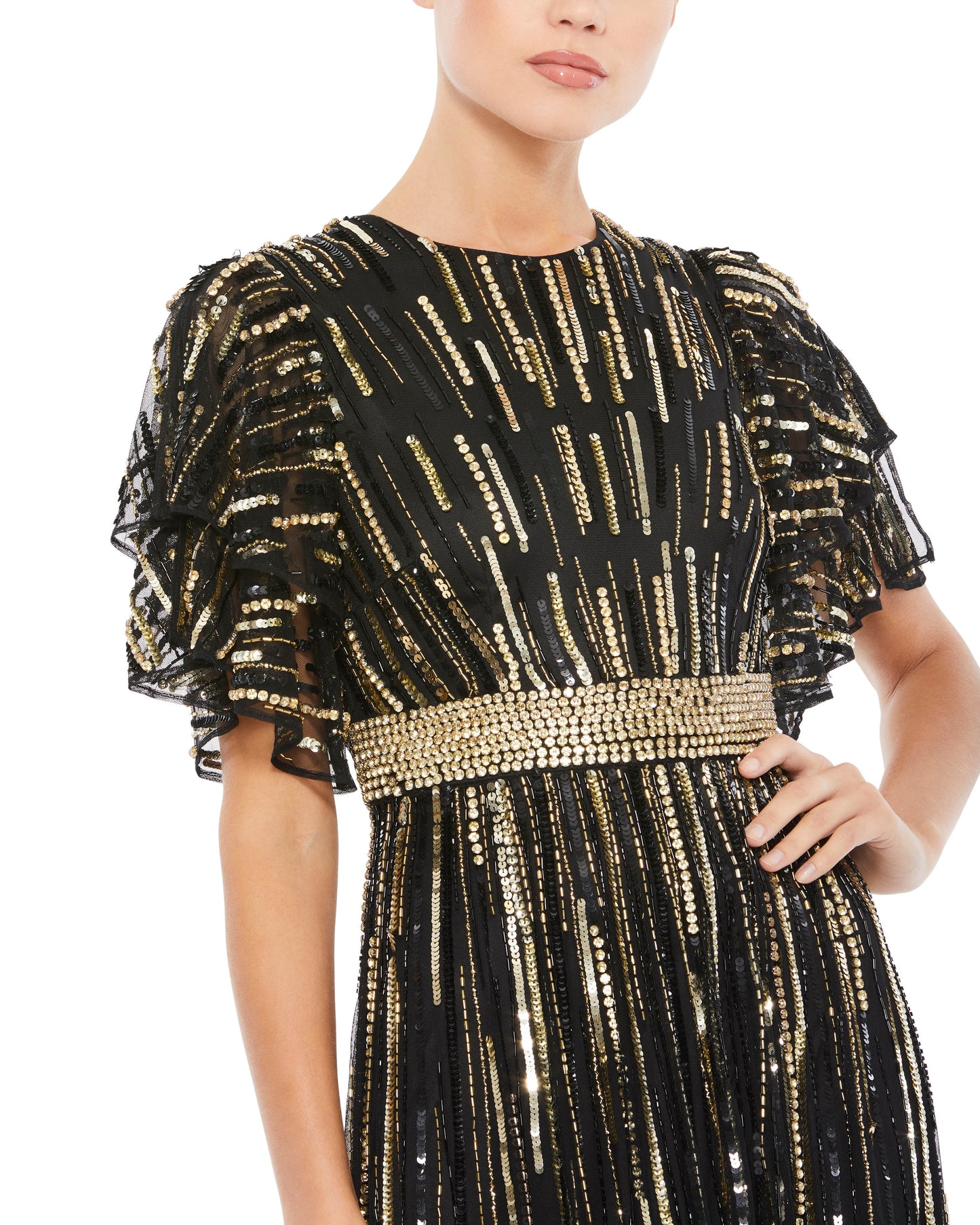 Mac Duggal Style#93582, Embellished Full Length Layered Sleeve Gown, A line,Floor Length,SALE,Sequin,Short Sleeve, $650.00