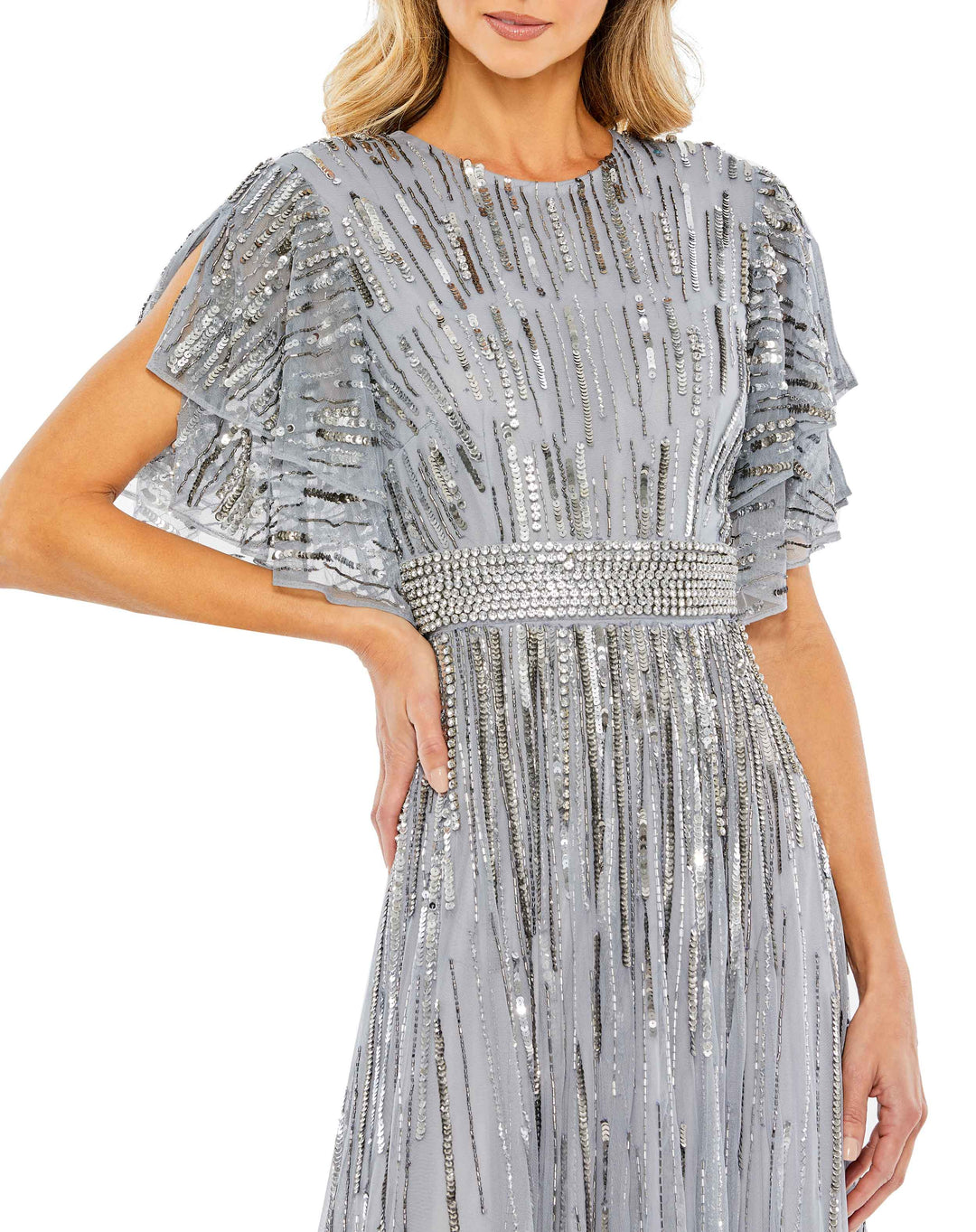 Mac Duggal Style#93582, Embellished Full Length Layered Sleeve Gown, A line,Floor Length,SALE,Sequin,Short Sleeve, $650.00