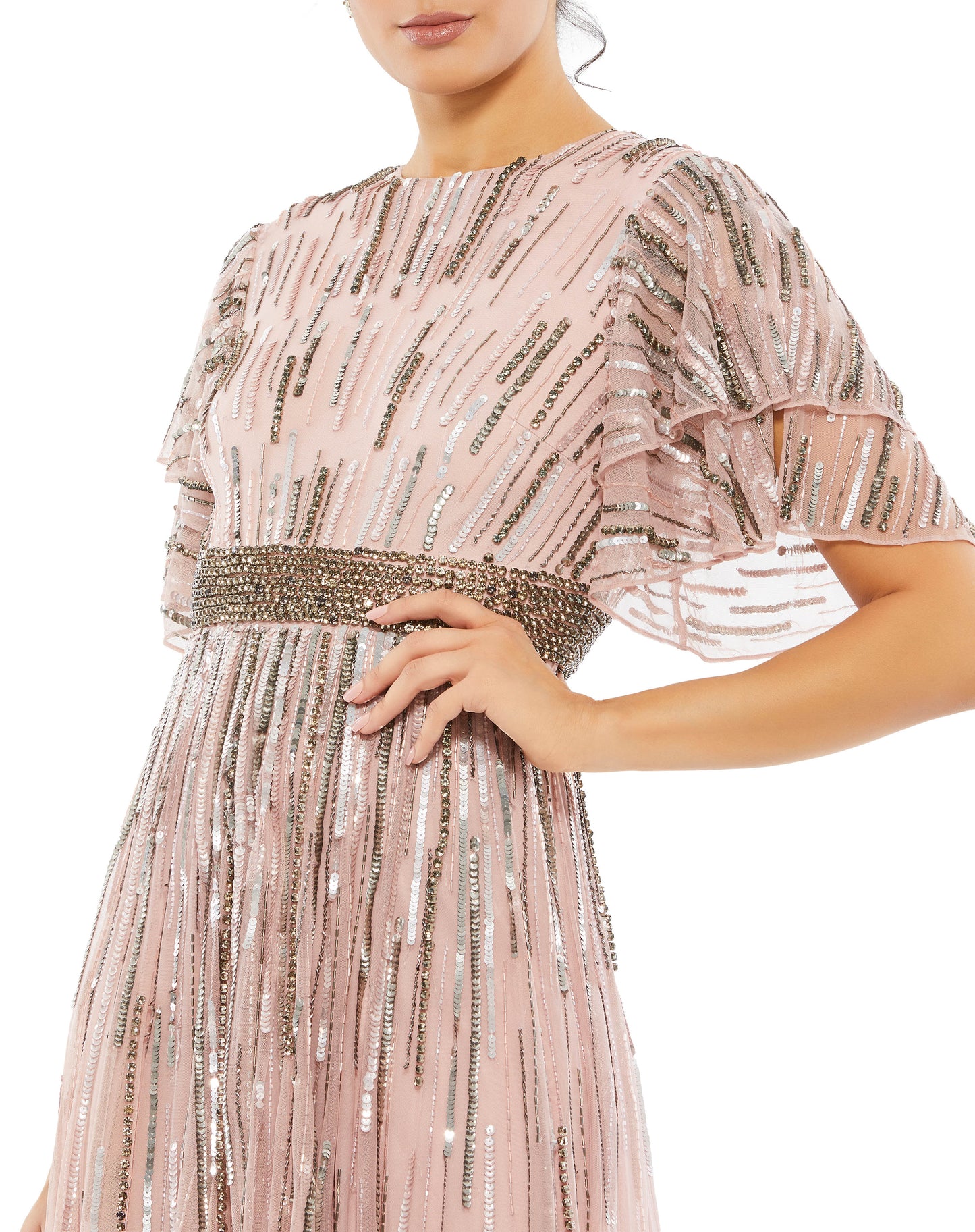 Mac Duggal Style#93582, Embellished Full Length Layered Sleeve Gown, A line,Floor Length,SALE,Sequin,Short Sleeve, $650.00