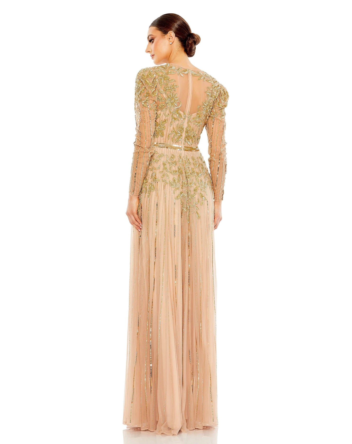Mac Duggal Style#93638, Beaded Illusion Puff Sleeve Gown, A line,beaded,Floor Length,long sleeve,Newest Arrivals,V-Neck, $1275.00