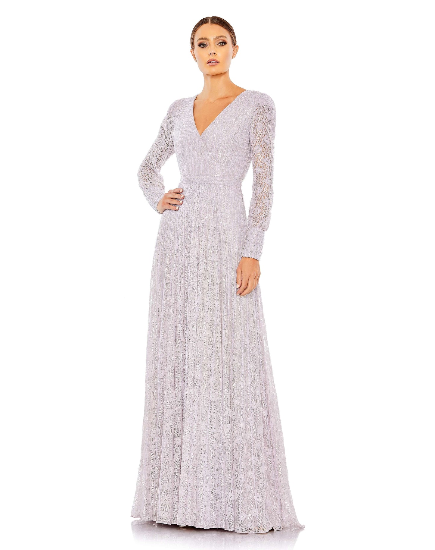 Mac Duggal Style#93679, Sequined Lace Long Sleeve Wrap Over Gown, A line,Floor Length,Lace,long sleeve,Sequin,Tulle,V-Neck, $850.00