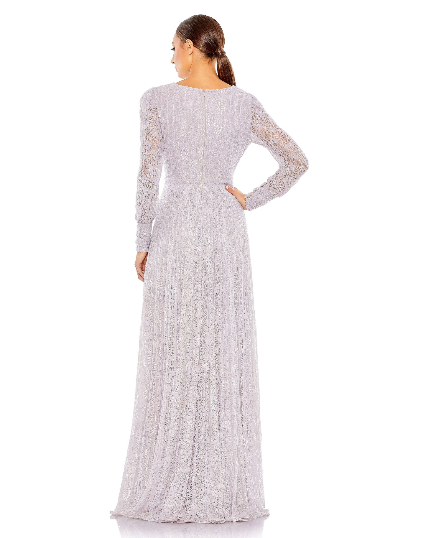 Mac Duggal Style#93679, Sequined Lace Long Sleeve Wrap Over Gown, A line,Floor Length,Lace,long sleeve,Sequin,Tulle,V-Neck, $1100.00