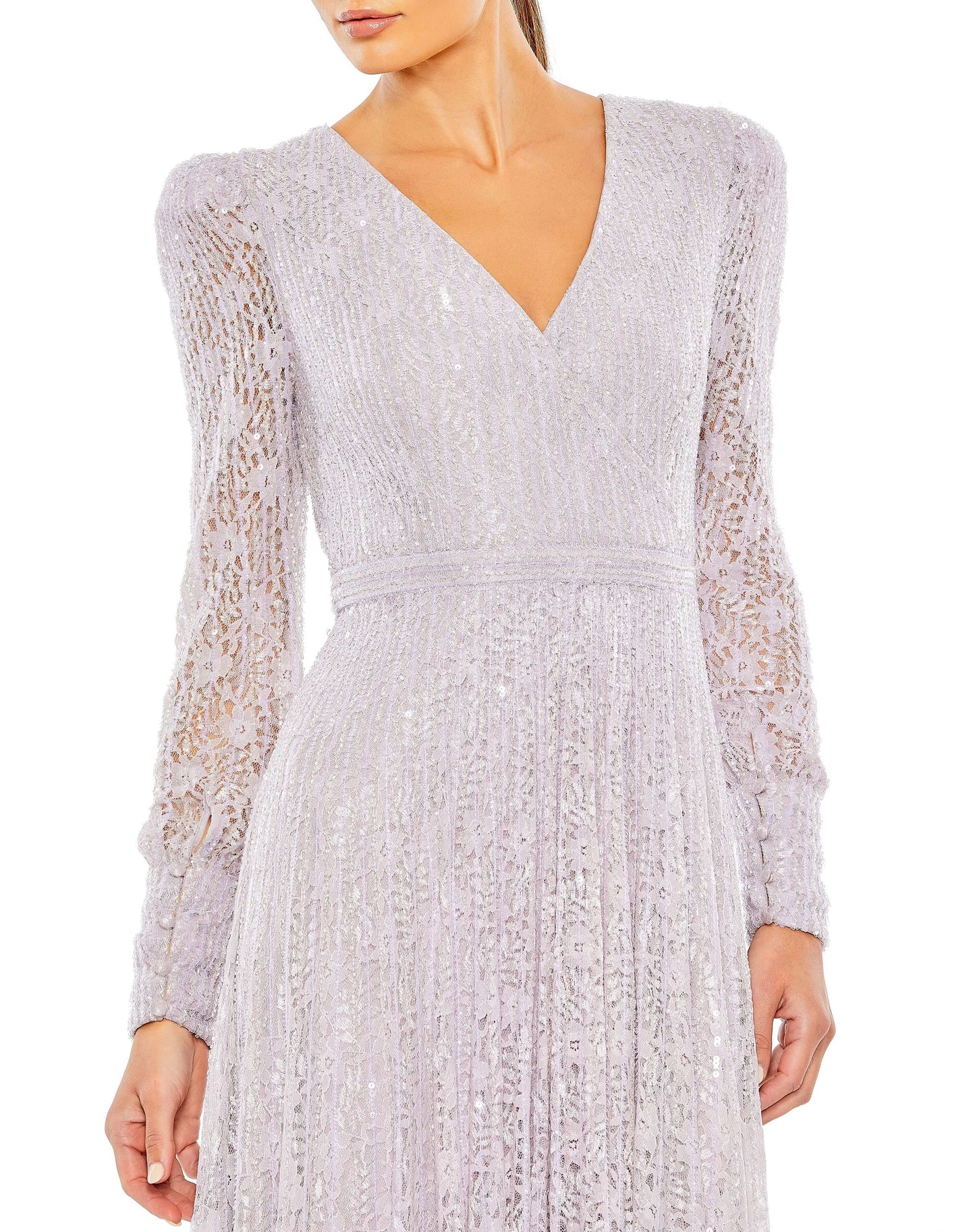 Mac Duggal Style#93679, Sequined Lace Long Sleeve Wrap Over Gown, A line,Floor Length,Lace,long sleeve,Sequin,Tulle,V-Neck, $1100.00