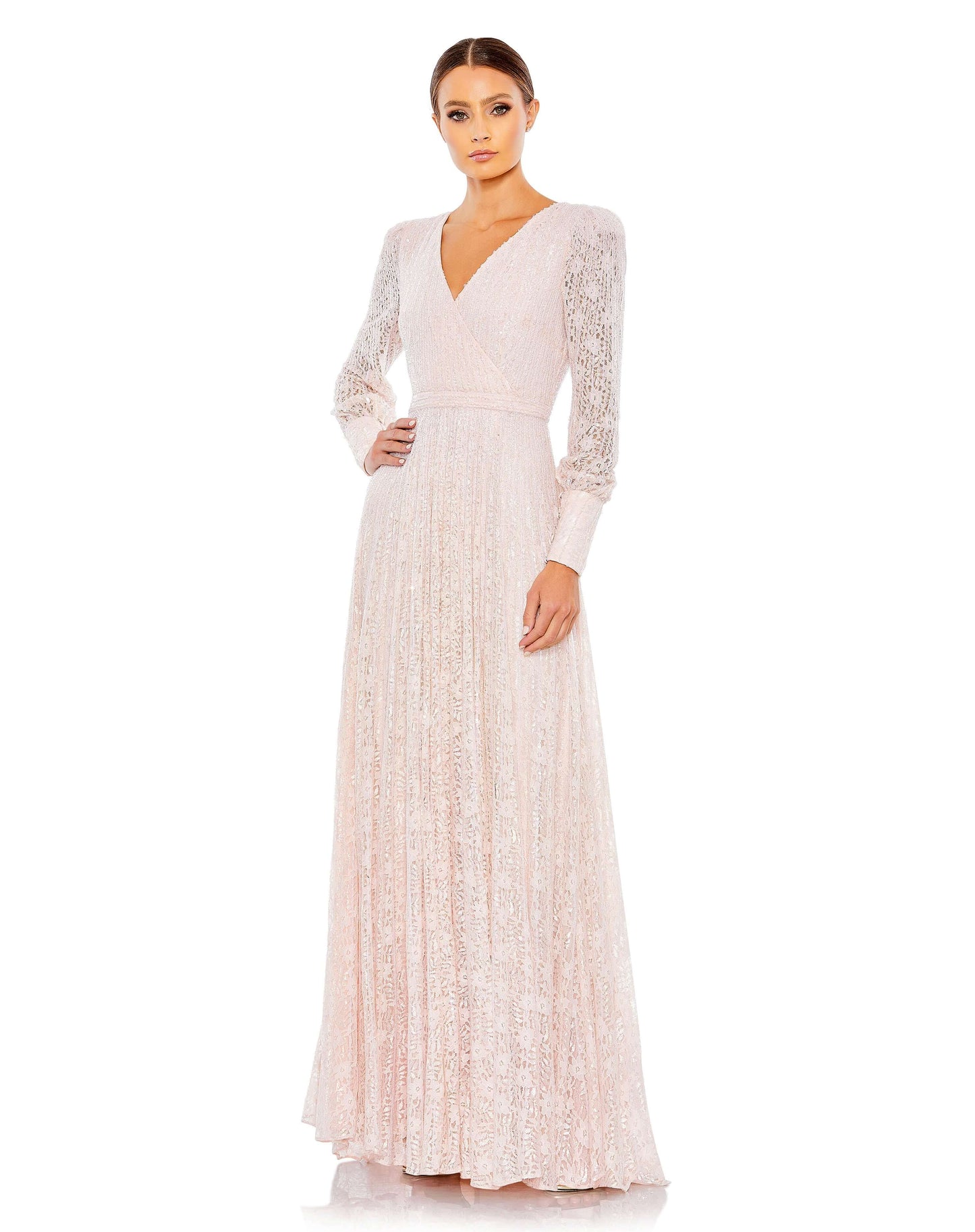Mac Duggal Style#93679, Sequined Lace Long Sleeve Wrap Over Gown, A line,Floor Length,Lace,long sleeve,Sequin,Tulle,V-Neck, $1100.00