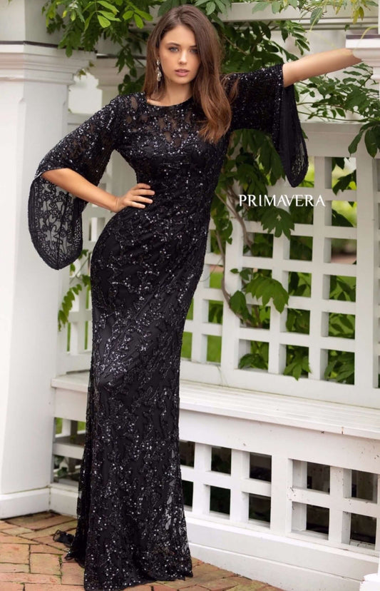 Primavera Style#9713, Bell Sleeve Fitted Sequin Gown, beaded,Bell Sleeve,Floor Length,ivory,long sleeve,Sequin,Sheath, $650.00