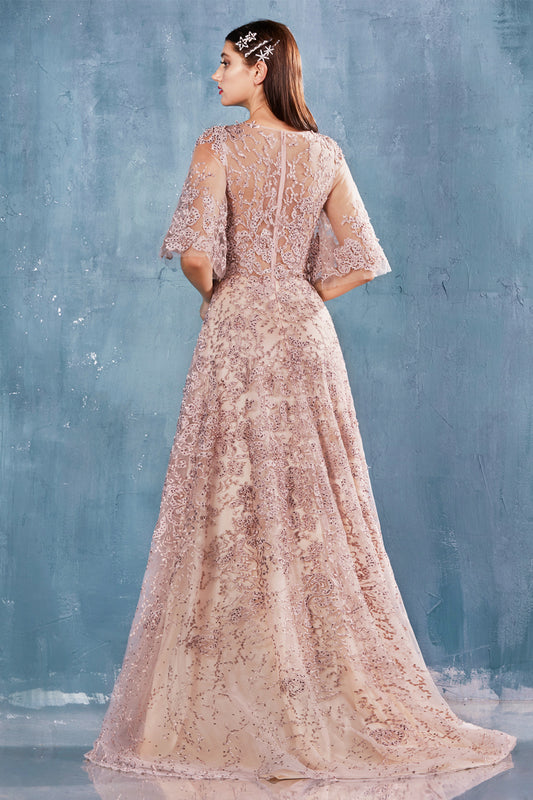 Andrea & Leo Style#A0972, Doris Gown, A line,beaded,Floor Length,Lace,Short Sleeve,Tulle,V-Neck, $495.00