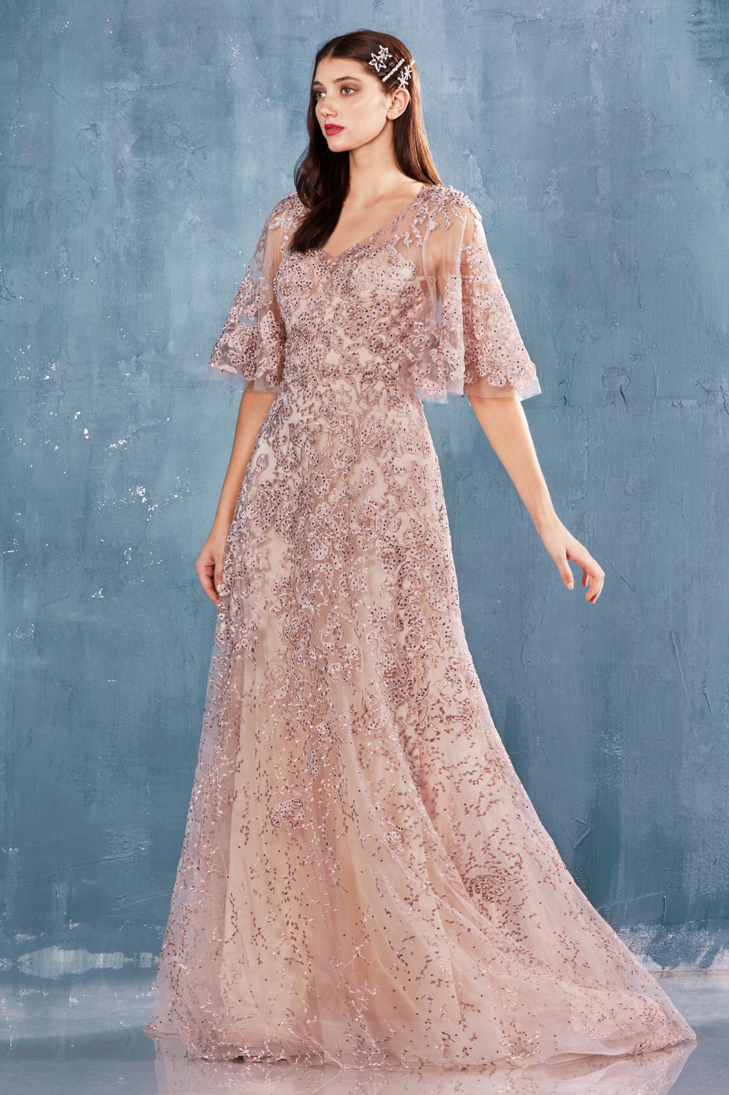 Andrea & Leo Style#A0972, Doris Gown, A line,beaded,Floor Length,Lace,Short Sleeve,Tulle,V-Neck, $495.00