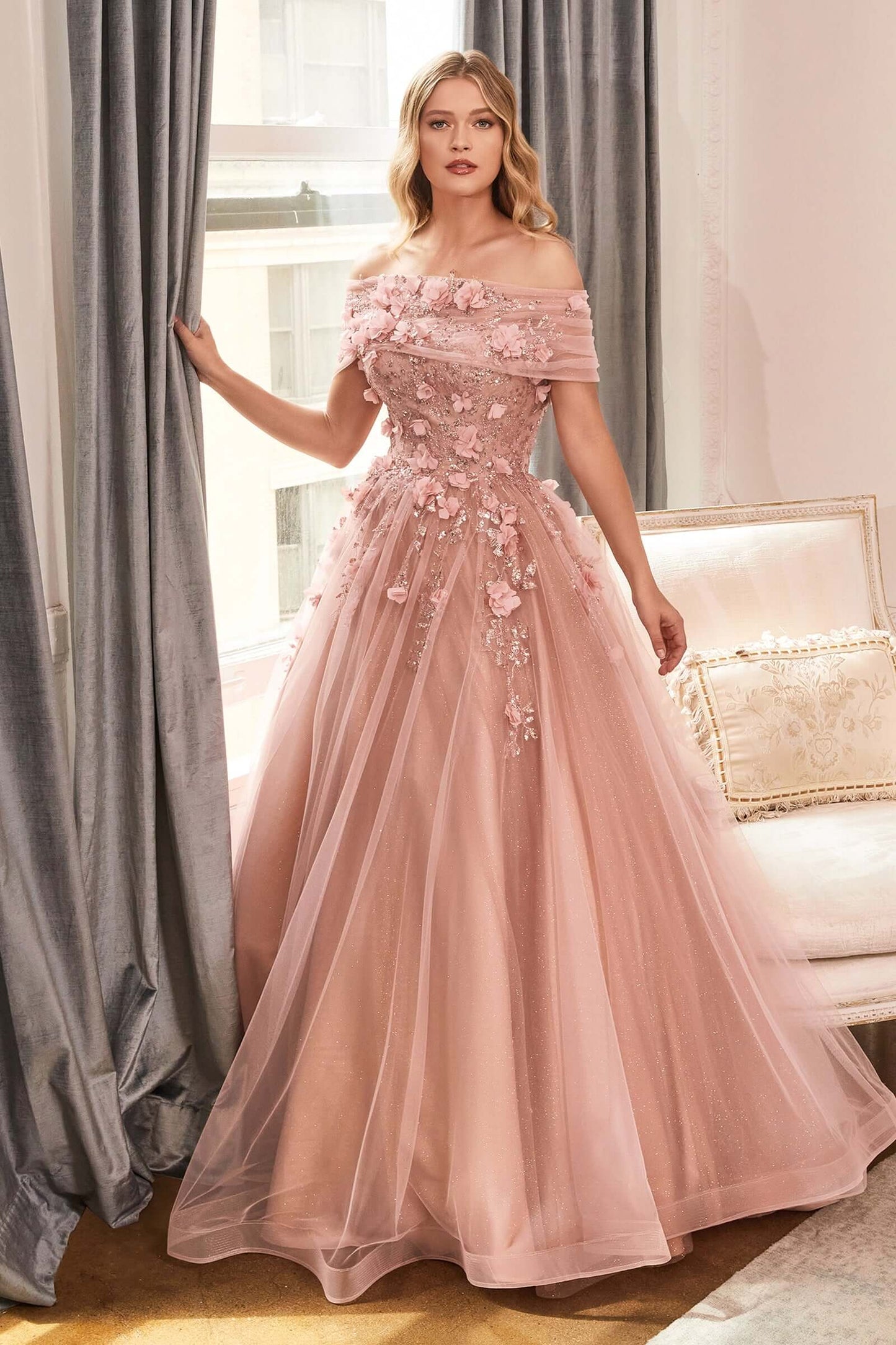 Cinderella Divine Style#CD955, Strapless Glitter Layered Tulle Ball Gown, A line,Ball Gown,CD#1,Detachable Sleeve/Wrap,Floor Length,Off the Shoulder, $450.00