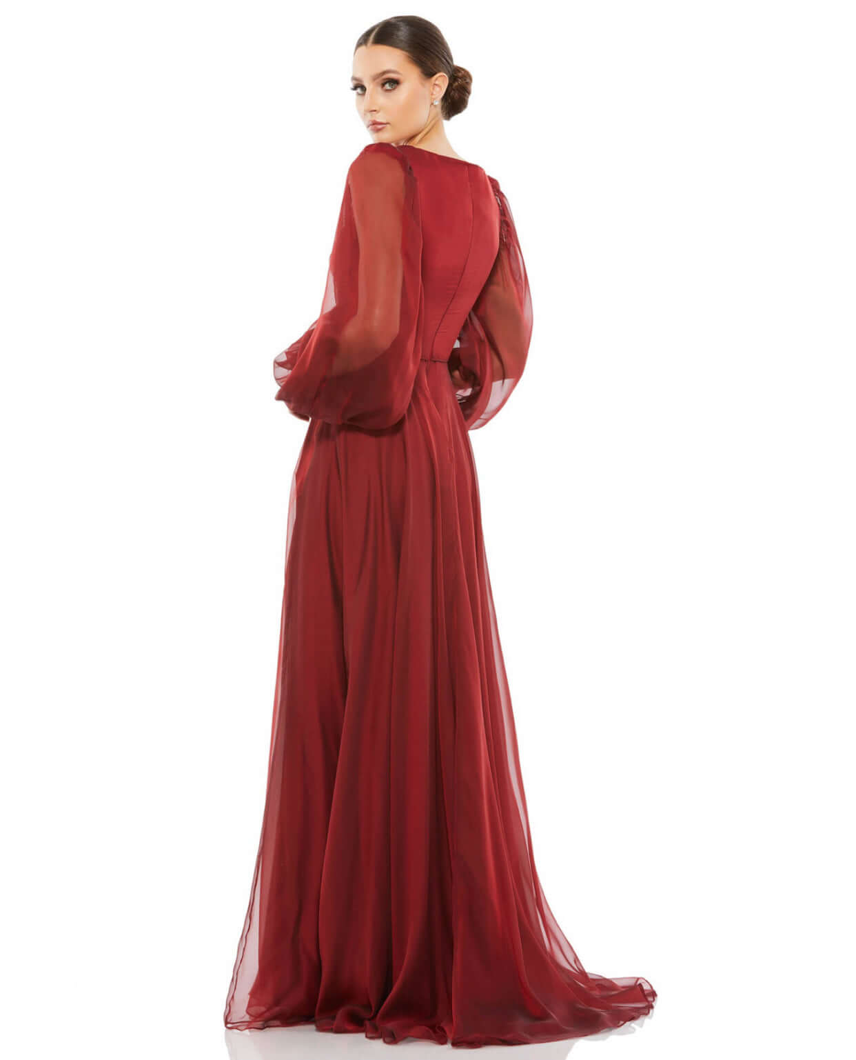 Mac Duggal Style#67873, Sheer Blouson Sleeve Surplice Gown, A line,Floor Length,long sleeve,SALE,V-Neck, $630.00
