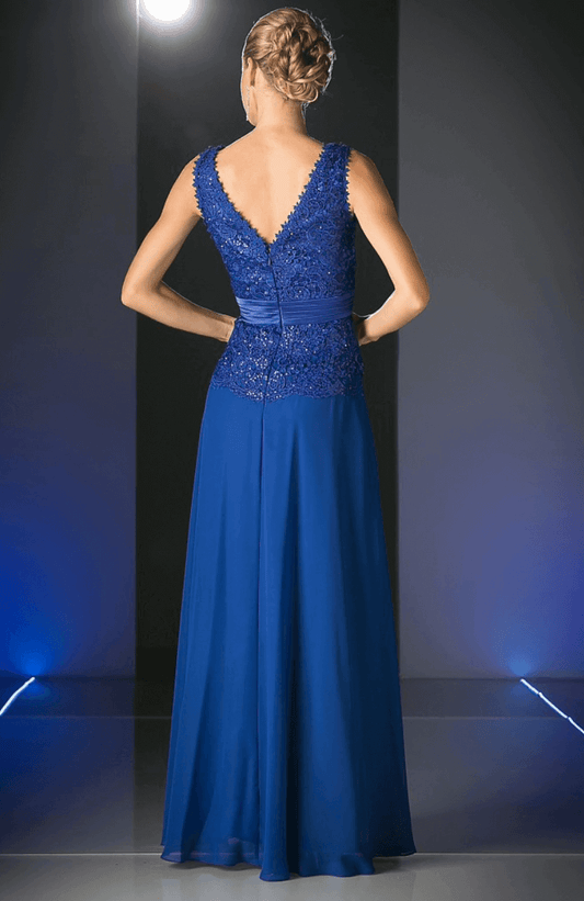 Cinderella Divine Style#CD1455, A-line chiffon gown with lace bodice, A line,CD#8,Floor Length,Open Back,sleeveless,V-Neck, $145.00