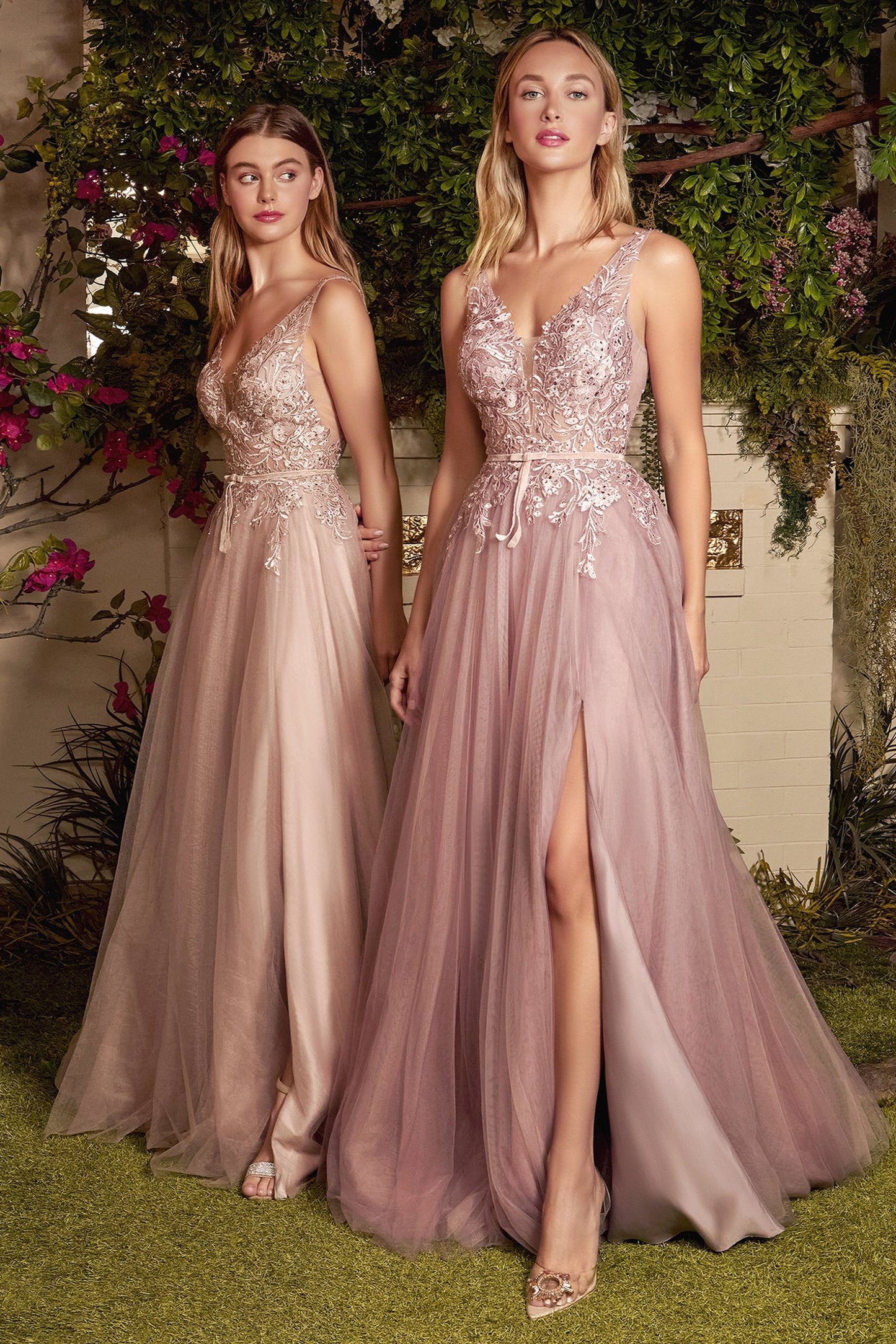 Andrea & Leo Style#A1045, Sade Mauve Lace Tulle Gown, A line,Ball Gown,Curvy Girl,Floor Length,Lace,sleeveless,Slit,Tulle,V-Neck, $445.00