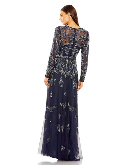 Long Sleeve High Neck Floral Beaded A-Line Mesh Gown