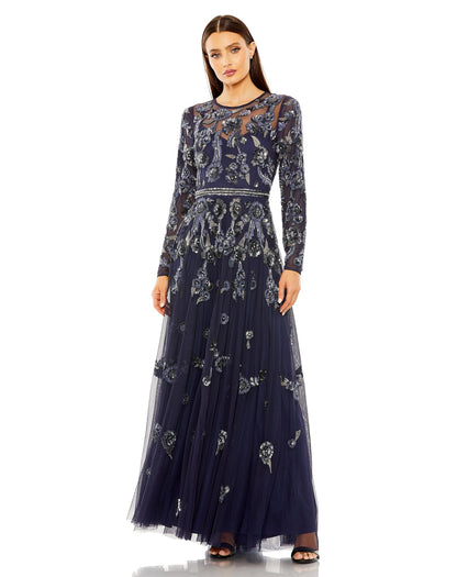 Long Sleeve High Neck Floral Beaded A-Line Mesh Gown