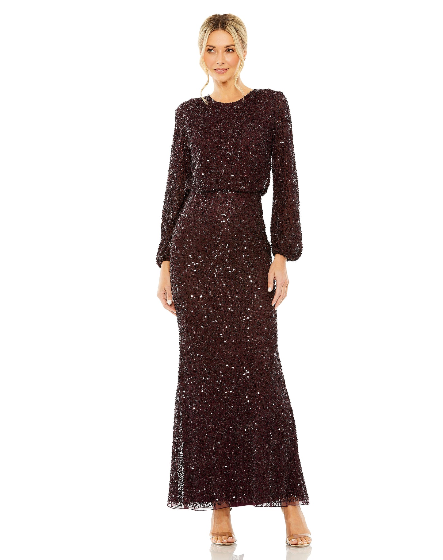 High Neck Long Sleeve Beaded Blouson Gown