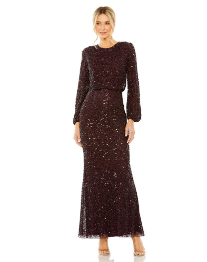 High Neck Long Sleeve Beaded Blouson Gown