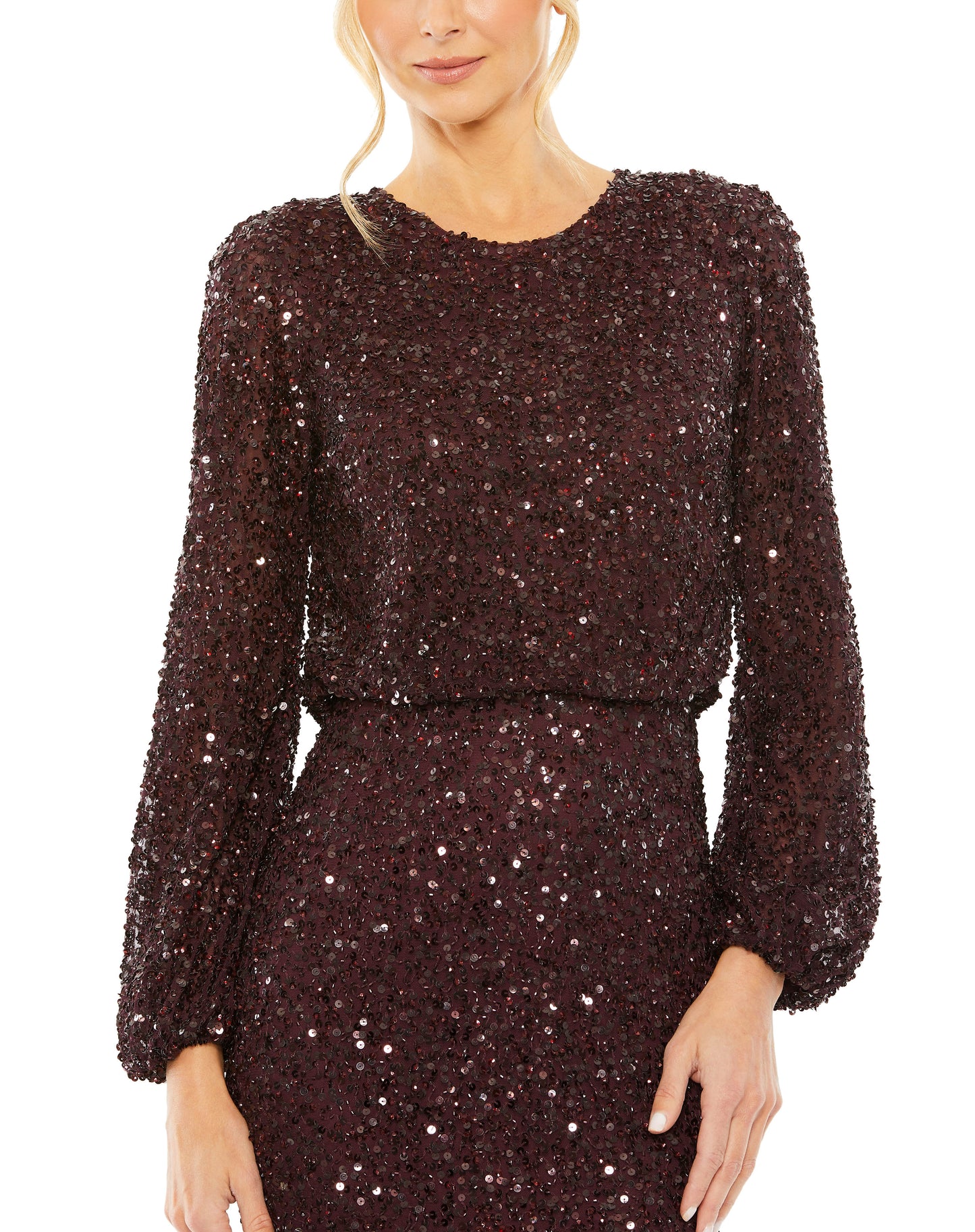 High Neck Long Sleeve Beaded Blouson Gown