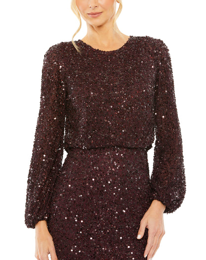High Neck Long Sleeve Beaded Blouson Gown