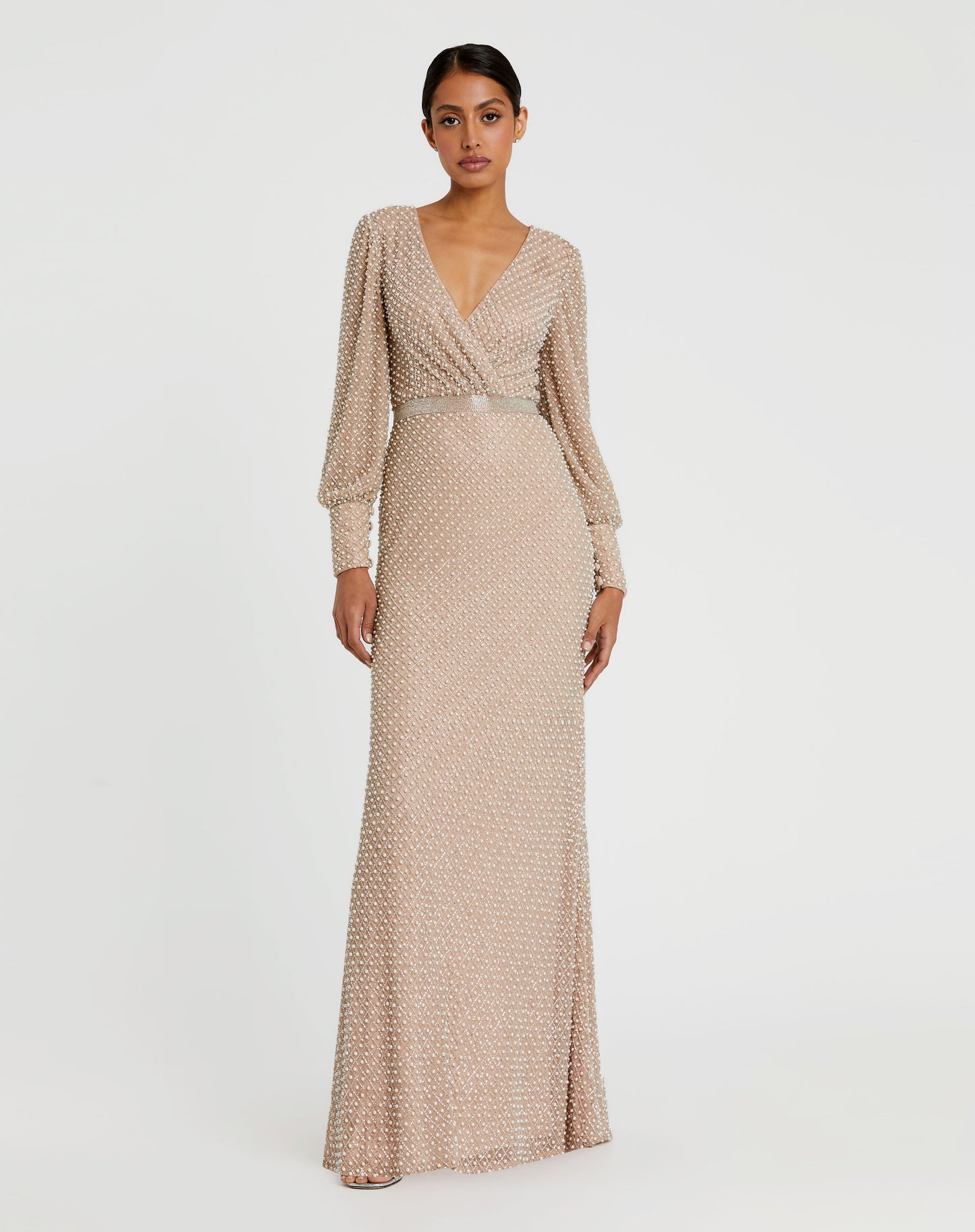 Wrap Over Bishop Sleeve Gown With Pearl Beading