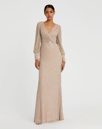 Wrap Over Bishop Sleeve Gown With Pearl Beading