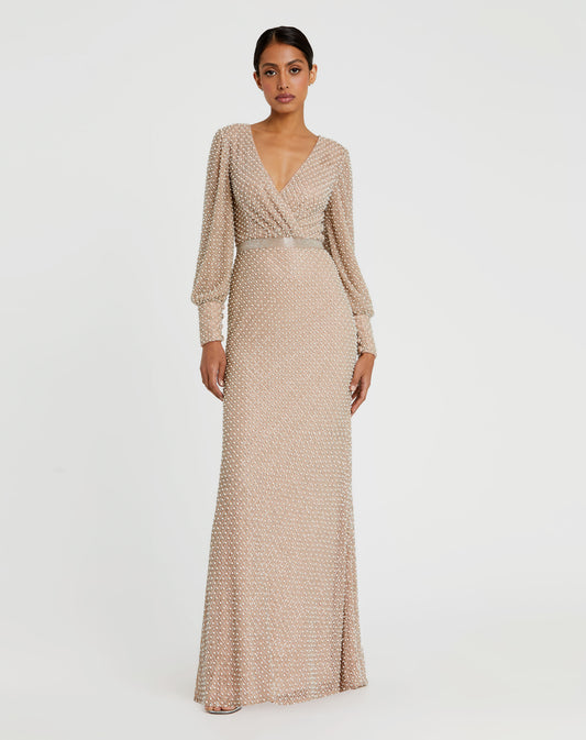 Wrap Over Bishop Sleeve Gown With Pearl Beading