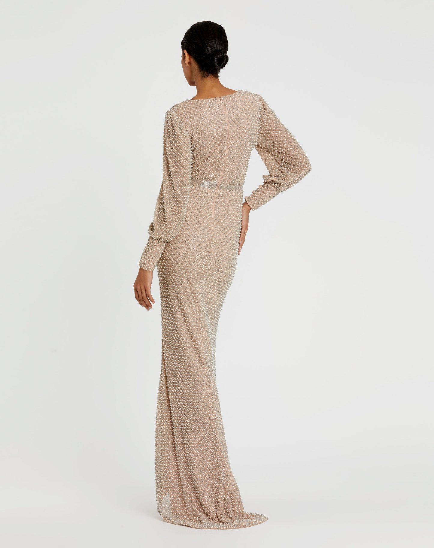 Wrap Over Bishop Sleeve Gown With Pearl Beading