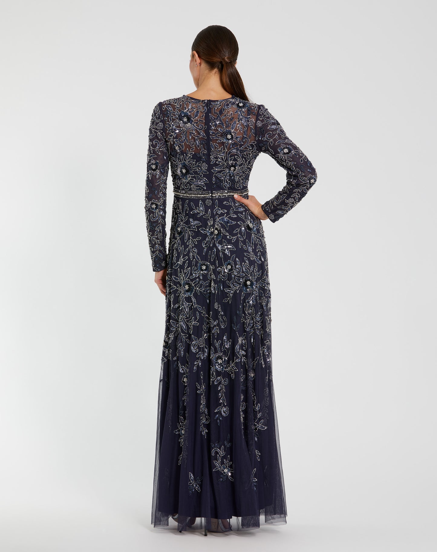 Long Sleeve Floral Embellished A-line Gown