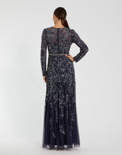 Long Sleeve Floral Embellished A-line Gown