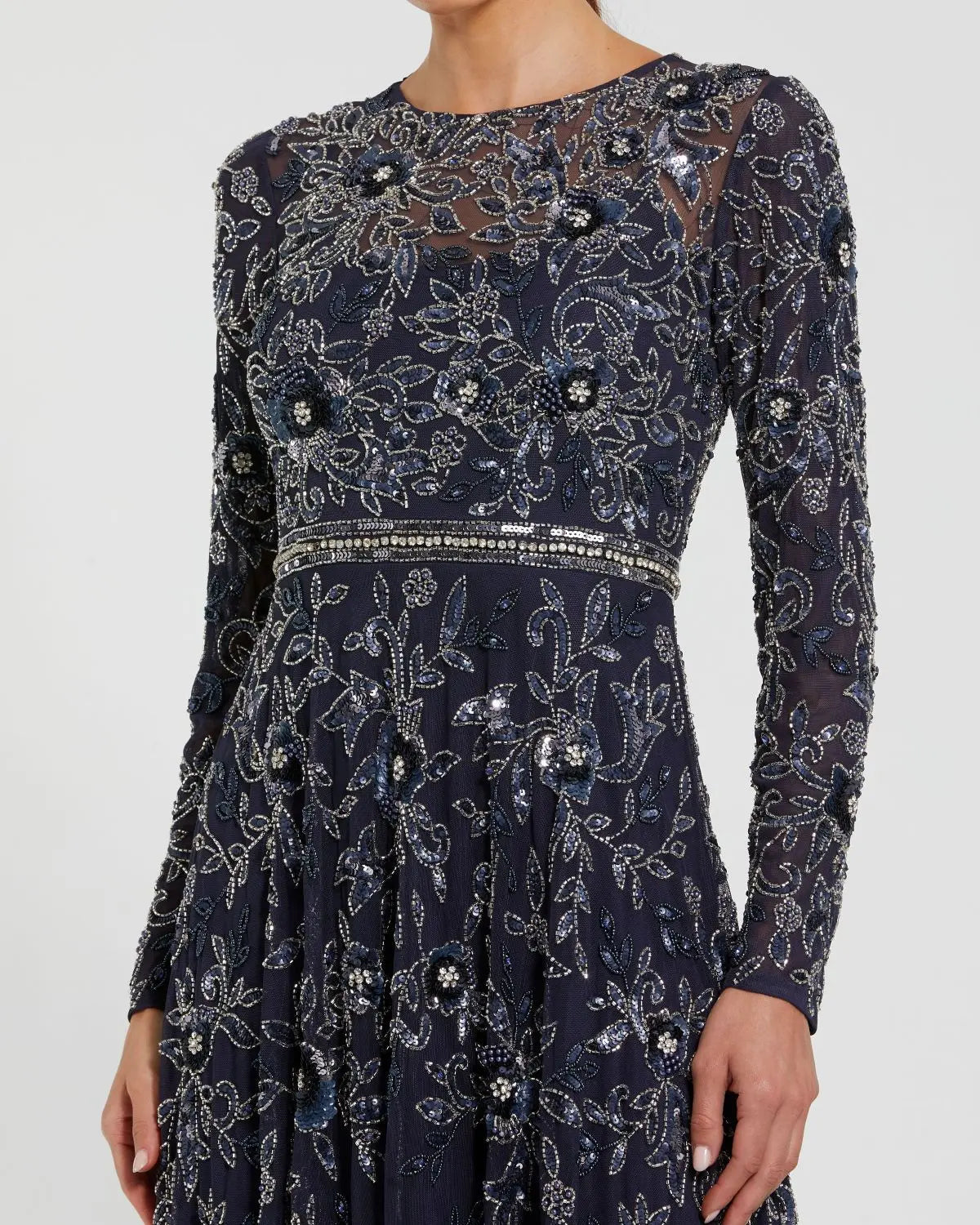Long Sleeve Floral Embellished A-line Gown