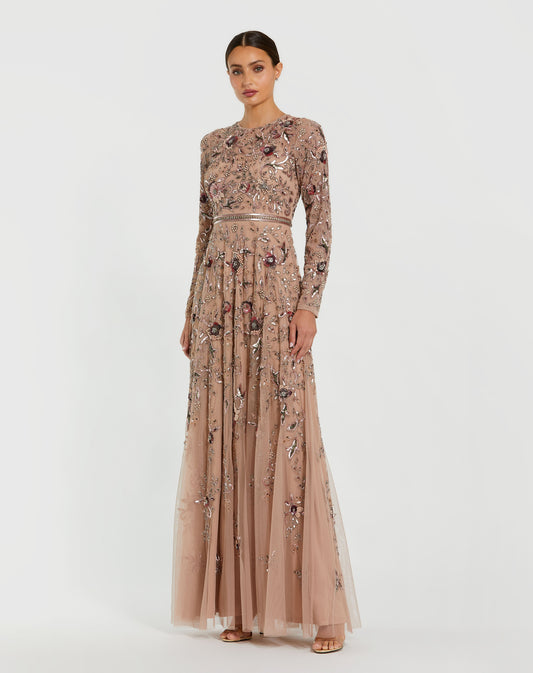 Long Sleeve Floral Embellished A-line Gown
