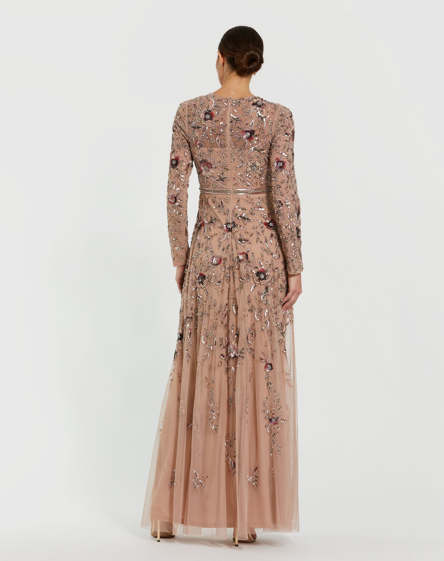 Long Sleeve Floral Embellished A-line Gown