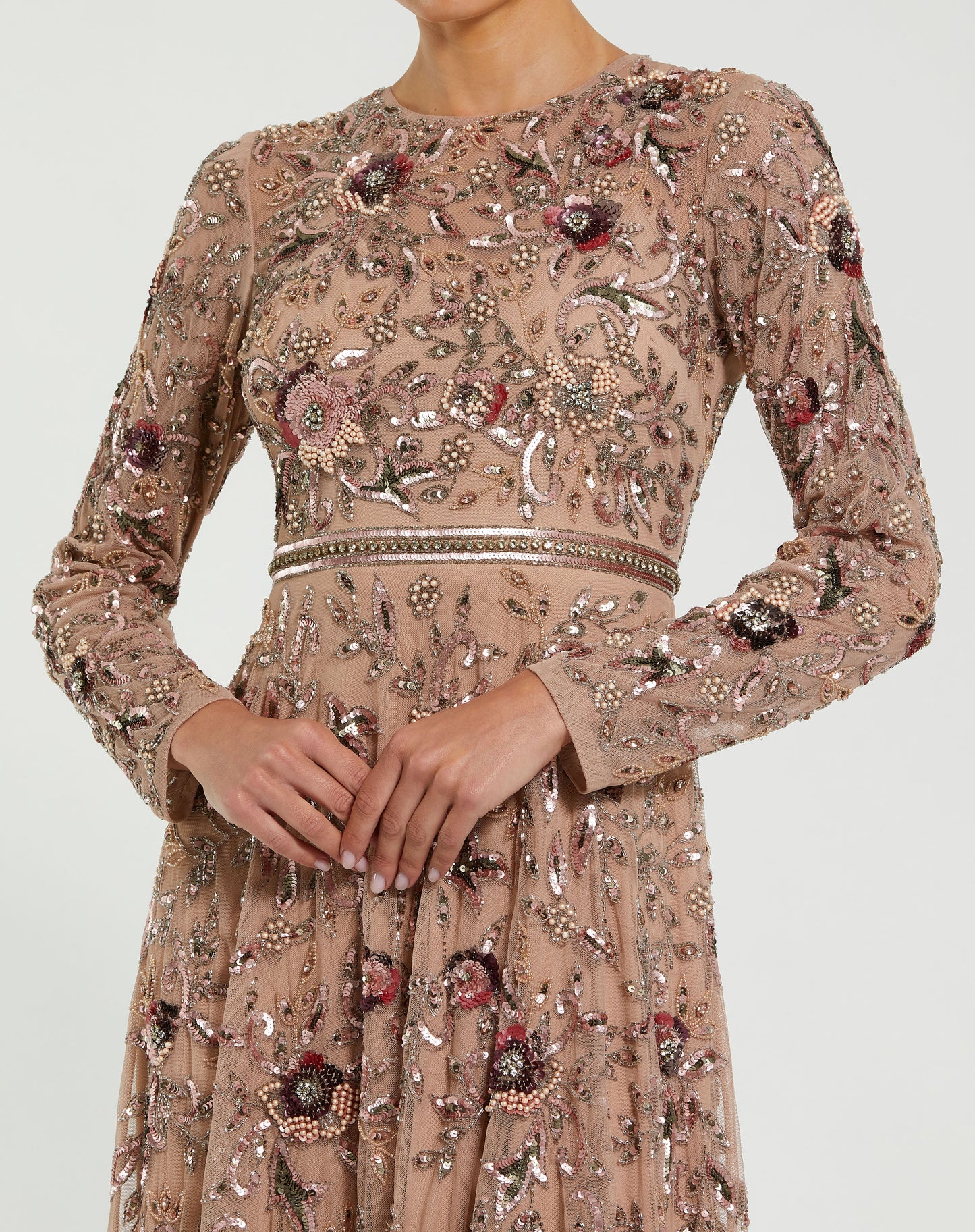 Long Sleeve Floral Embellished A-line Gown