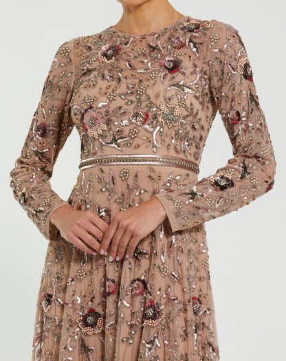 Long Sleeve Floral Embellished A-line Gown