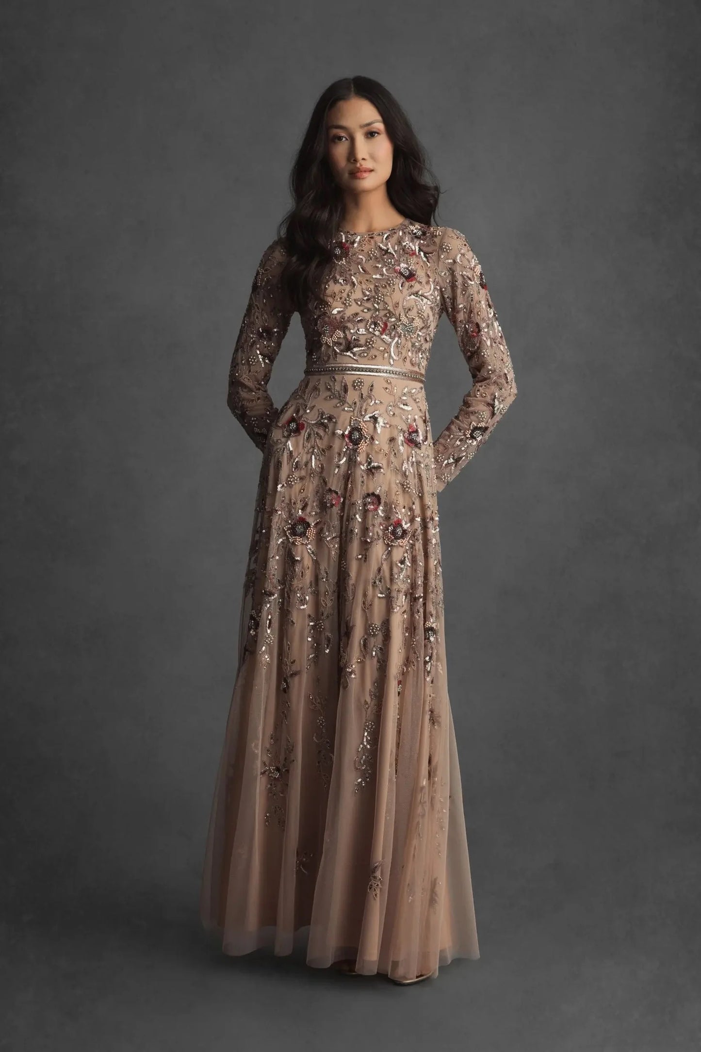 Long Sleeve Floral Embellished A-line Gown