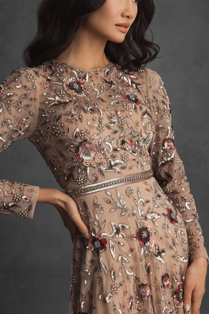 Long Sleeve Floral Embellished A-line Gown