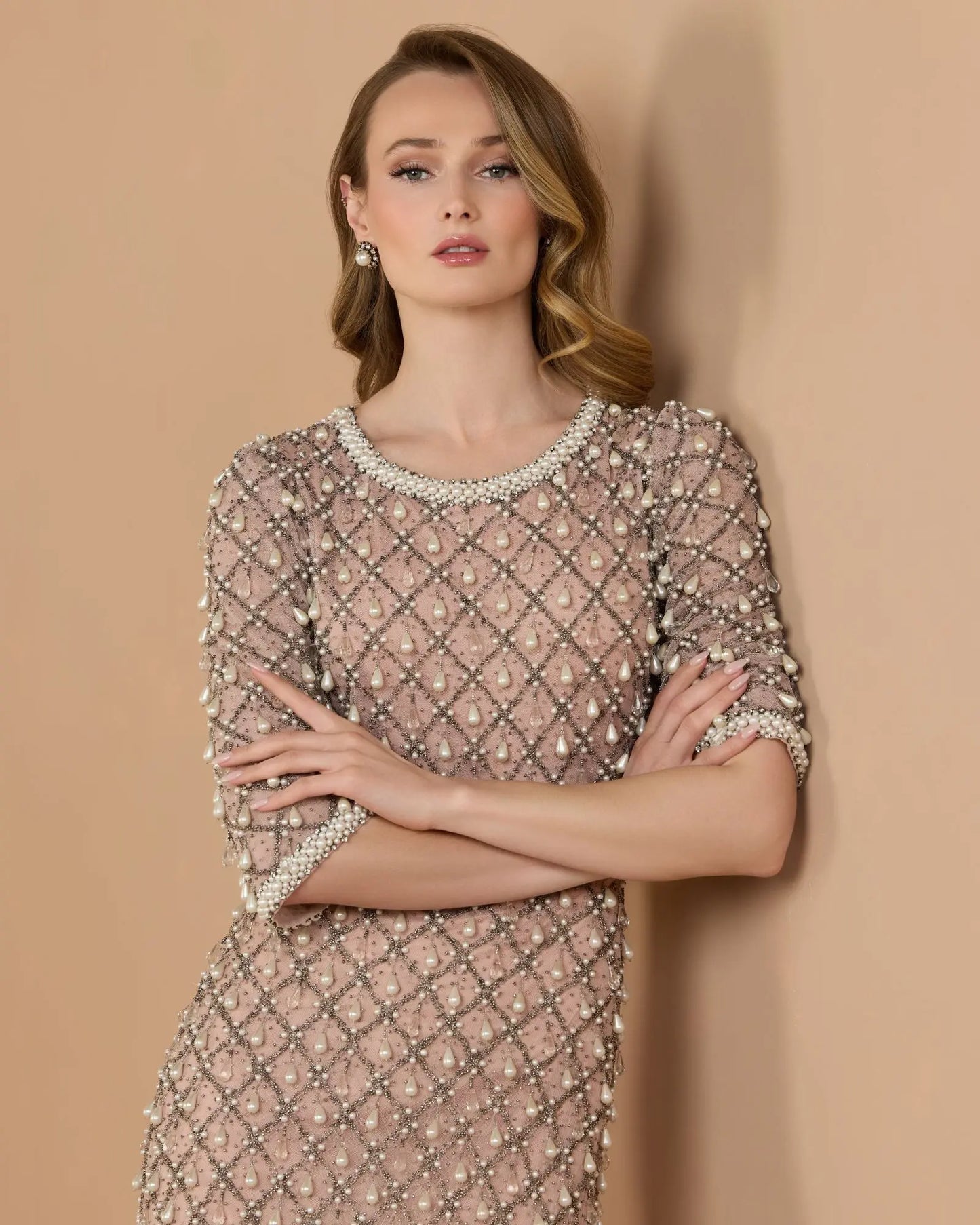 Luxurious Pearl Embellished 3/4 Sleeve Gown