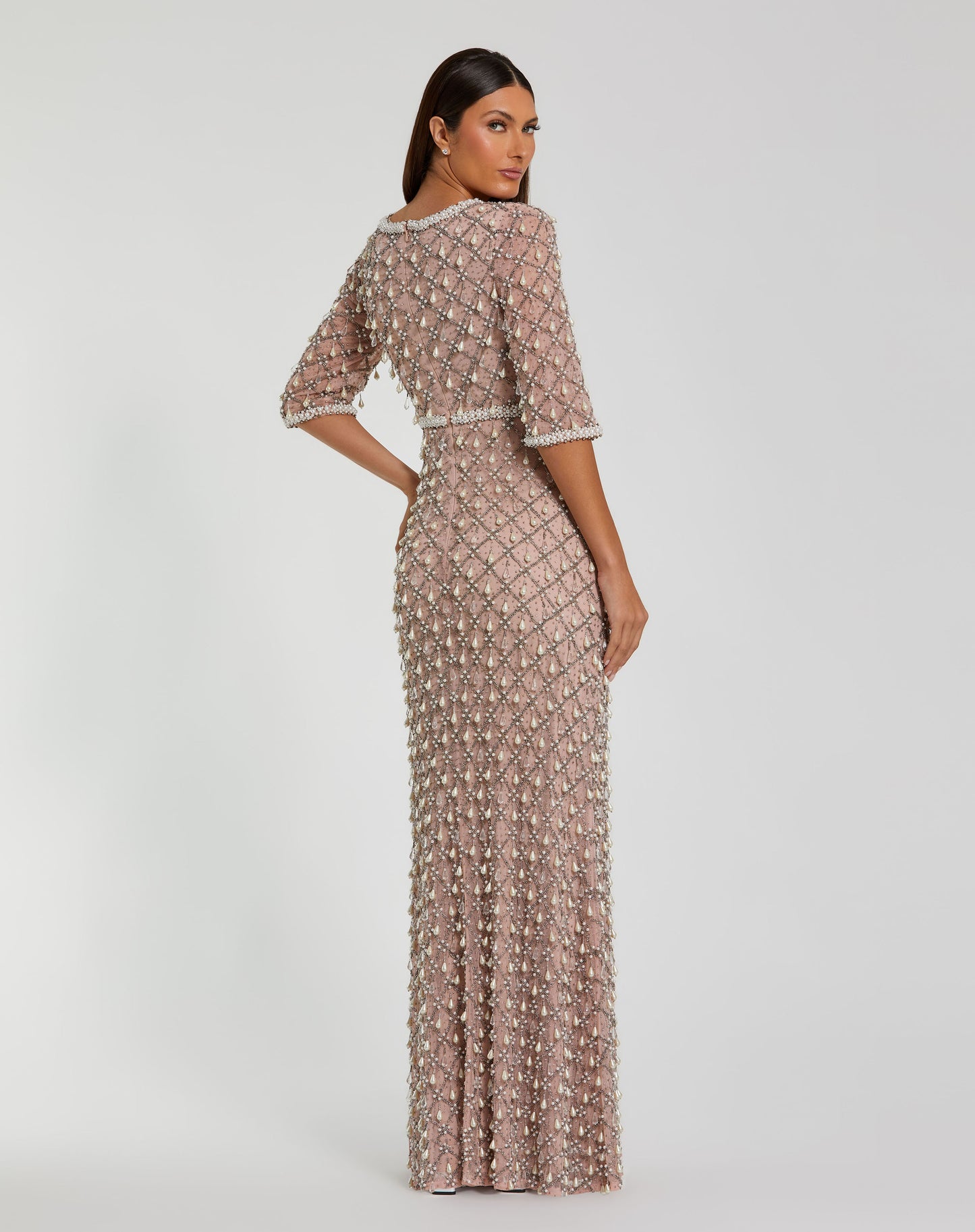 Luxurious Pearl Embellished 3/4 Sleeve Gown