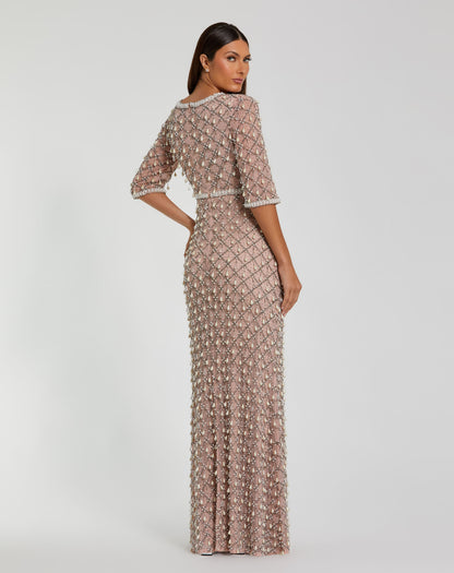 Luxurious Pearl Embellished 3/4 Sleeve Gown